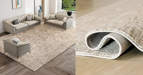 Thảm sợi tổng hợp màu trung tính trải phòng khách hiện đại